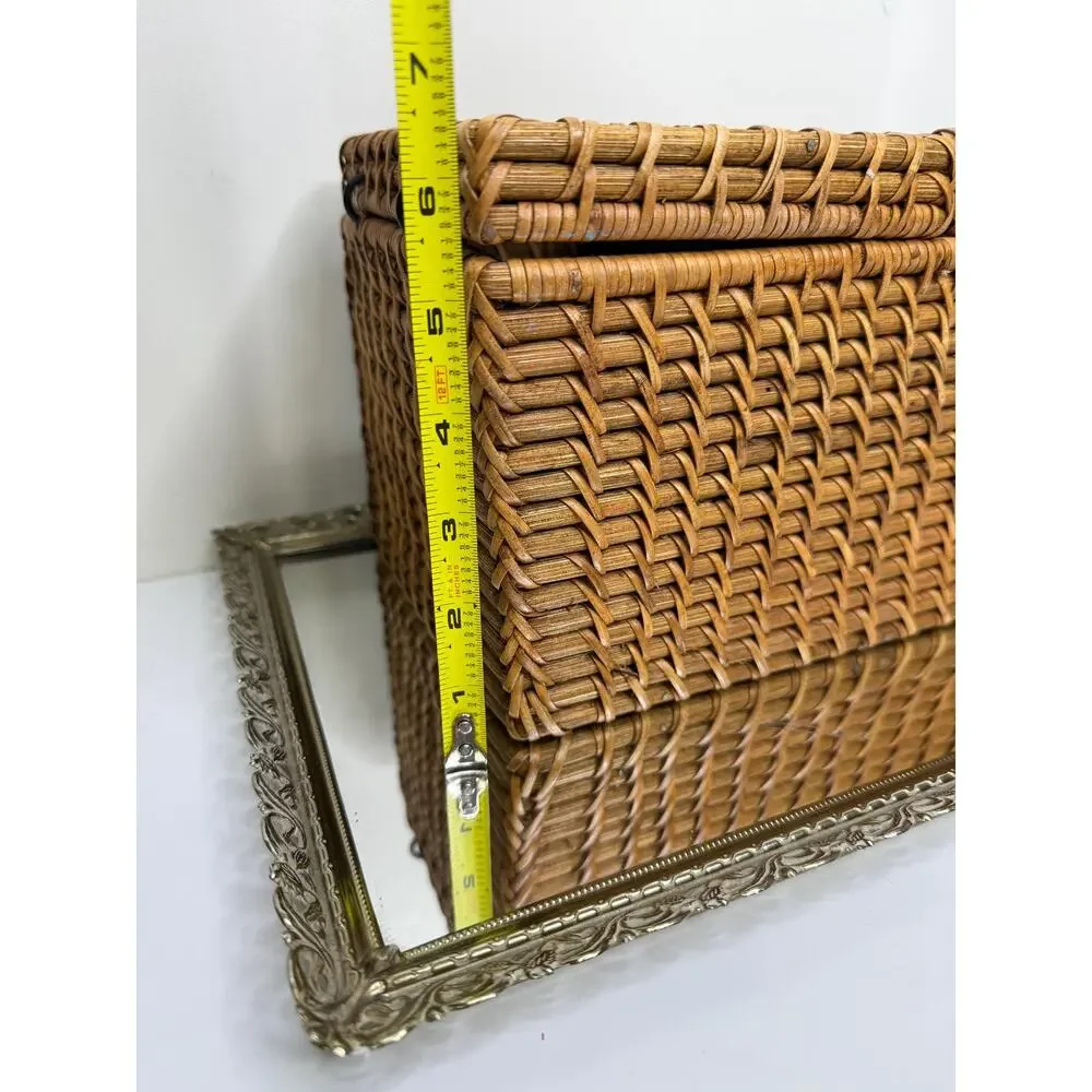 Vintage Boho Rectangular Wicker Storage Basket With Double Bins And Lids, Vintag